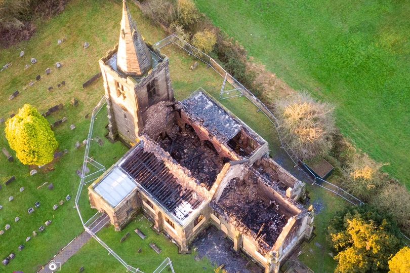 Aerial picture of the aftermath of the devastating fire at All Saints Church in Mackworth (Image: @eighty4images Martin Ridgers)