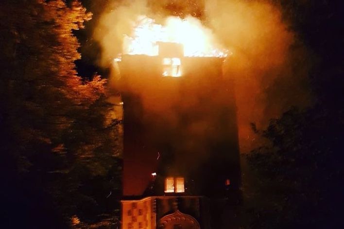 The fire was contained to the historic water tower