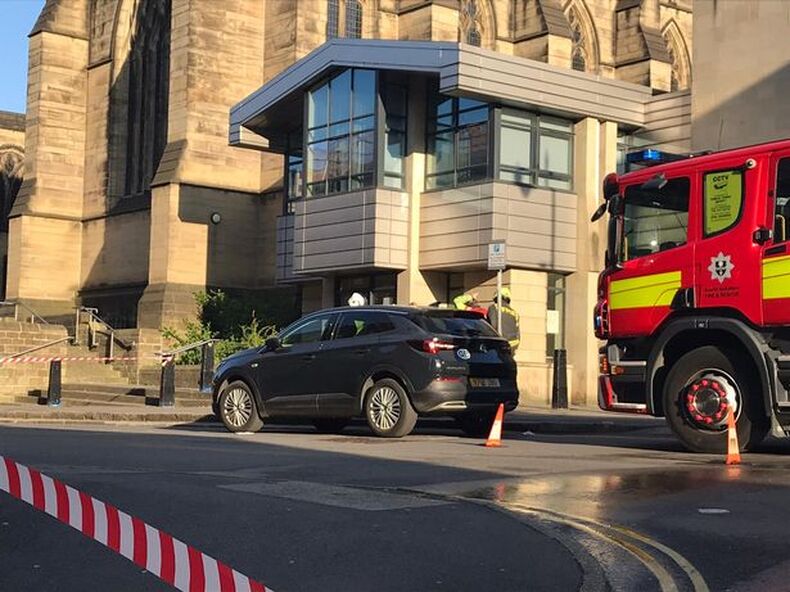 Emergency services outside of the scene of the blaze at Sheffield Cathedral