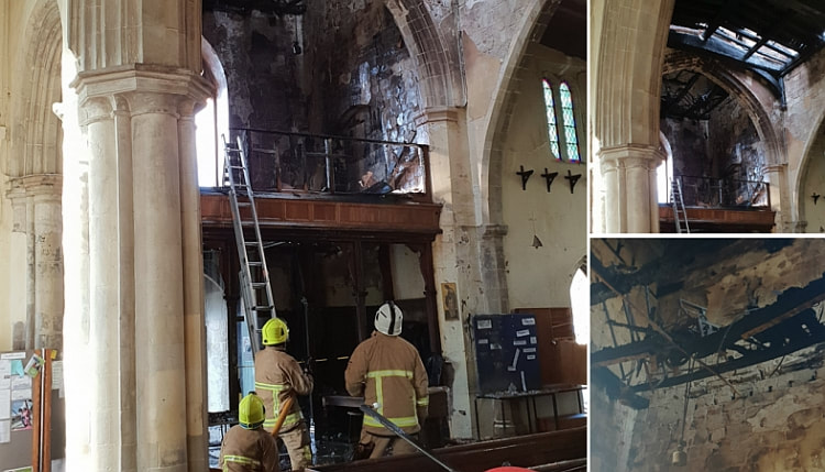 The church roof and bell tower were severely damaged by the fire