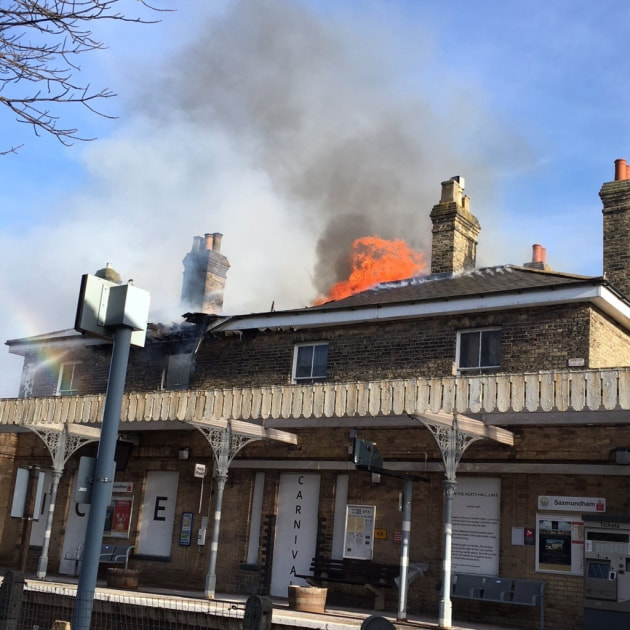 Firefighters tackle the blaze at Saxmundham Railway Station. 