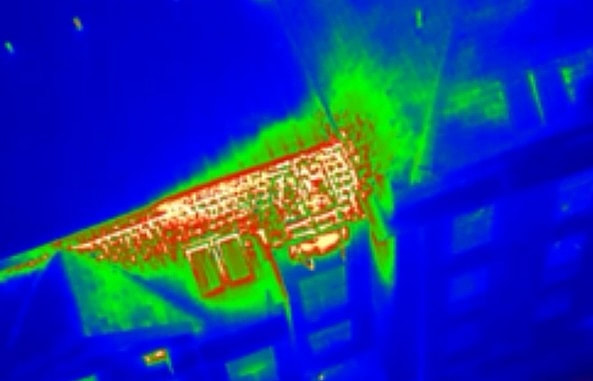 A heat map shows the fire inside the building. Credit: LFRS Drone/Chris Rainford