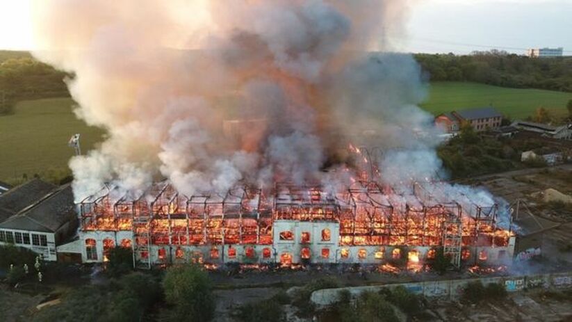 A total of 60 firefighters were called to the blaze on Paper Mill Lane (Image: Sky Cam East)