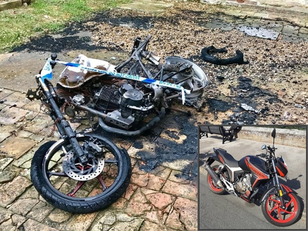 The stolen motorbike (inset: Before)