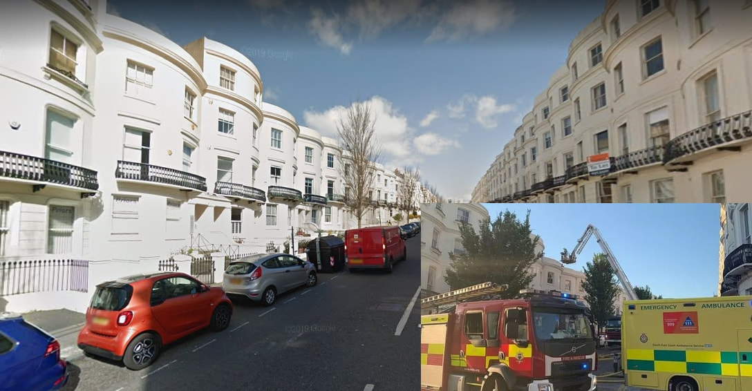 Main Picture: Lansdowne Place (Credit: Google.) Inset: Firefighters using an aerial platform ladder (Image: Twitter/@Robreferee)