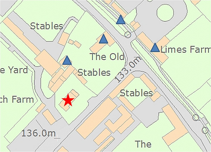 The location of the fire relative to nearby G II listed buildings