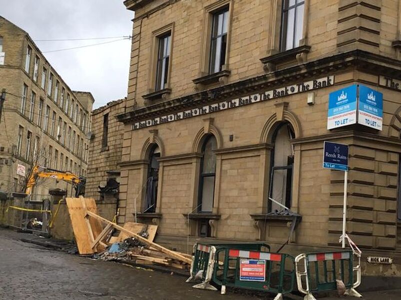 Explosion scene on Hick Lane Batley. The former bank building which was the scene of the explosion.