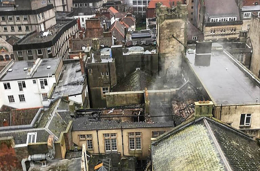 The damage to the roof of the Guildhall buildinf. (Image: Avon Fire and Rescue Service) 
