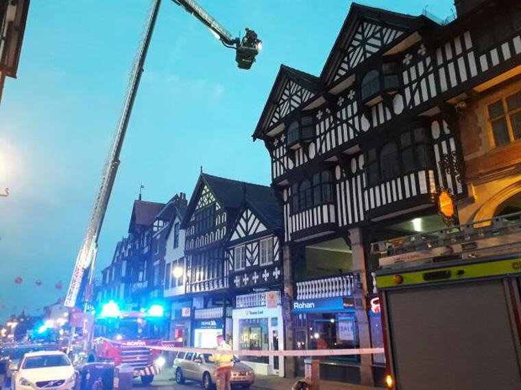 Cheshire F&RS in attendance at the corner of Bridge Street and Watergate Street, Chester
