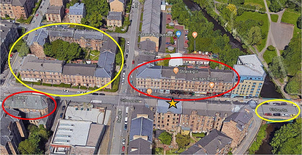 All the buildings / structures inside the red circles are Category C listed, and those in yellow are Category B listed. The location of the fire is indicated by the orange star.