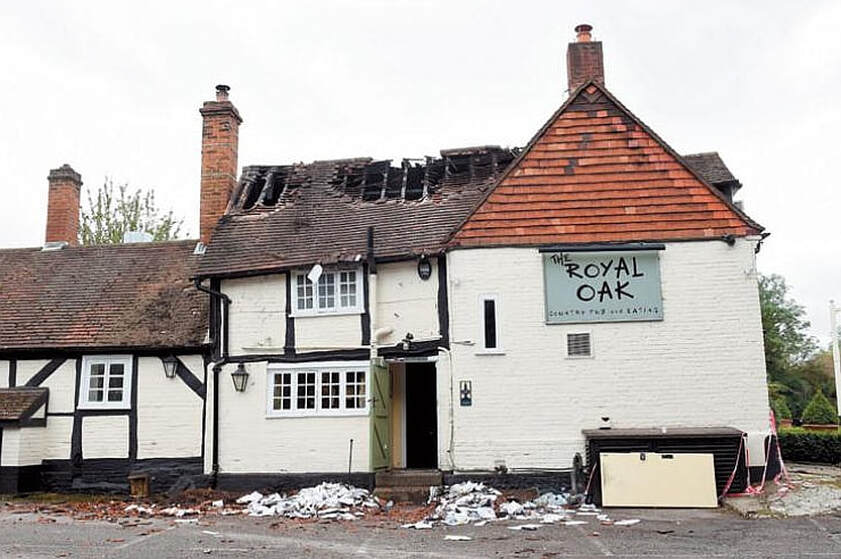 The Royal Oak pub, Frieth Road, Bovingdon Green, Marlow. Pub was damaged during a fire.