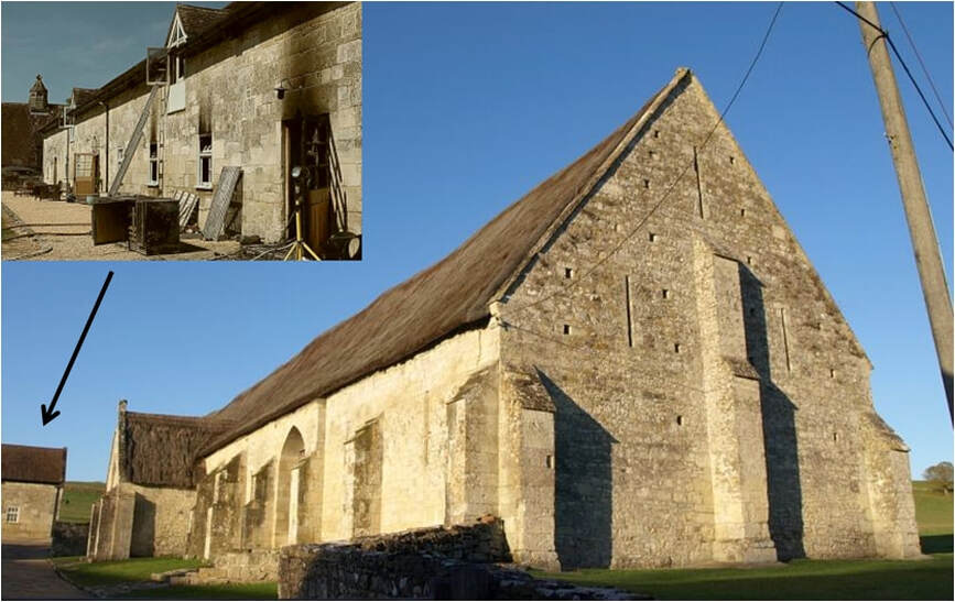 Tithe Barn at Place Farm with the affected building at far left. (Inset: Fire damage to the building)