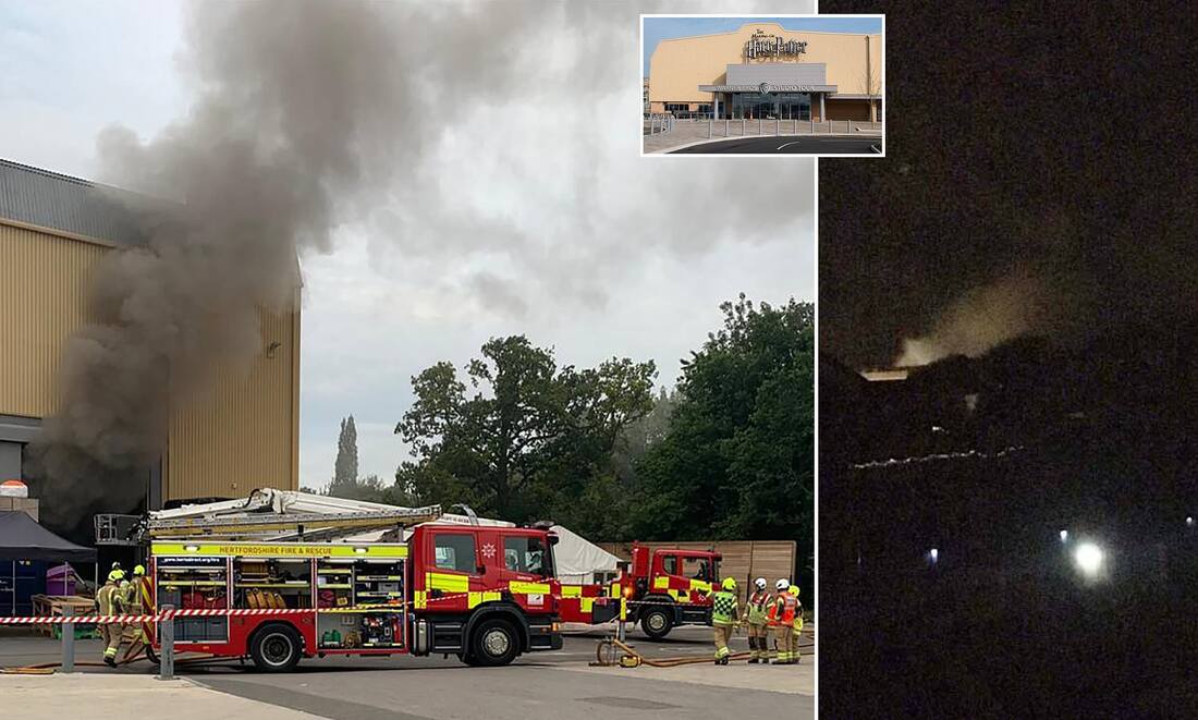 Firefighters are pictured at the scene at Warner Bros. Studios in Hertfordshire after a blaze broke out in a stage last night