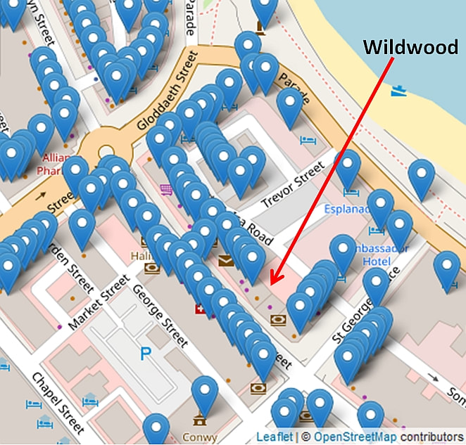 Map showing the concentration of listed buildings (blue pointers) around the Windwood building