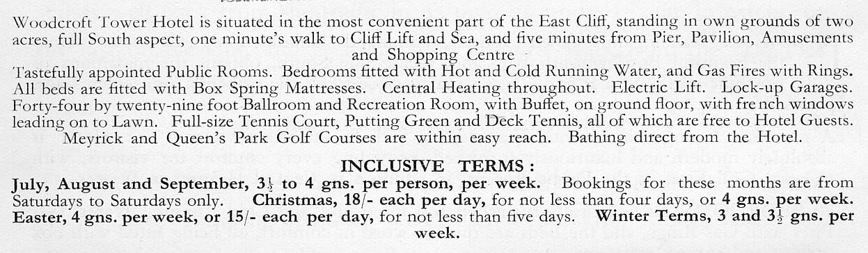 This 1938 Bournemouth Guide advert describes the amenities at the hotel.